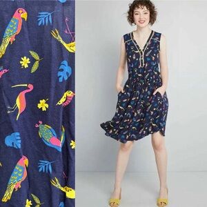 ModCloth Cafe au Soliel Navy Blue‎ Tropical Bird Parrot Toucan Kiwi Aline Dress